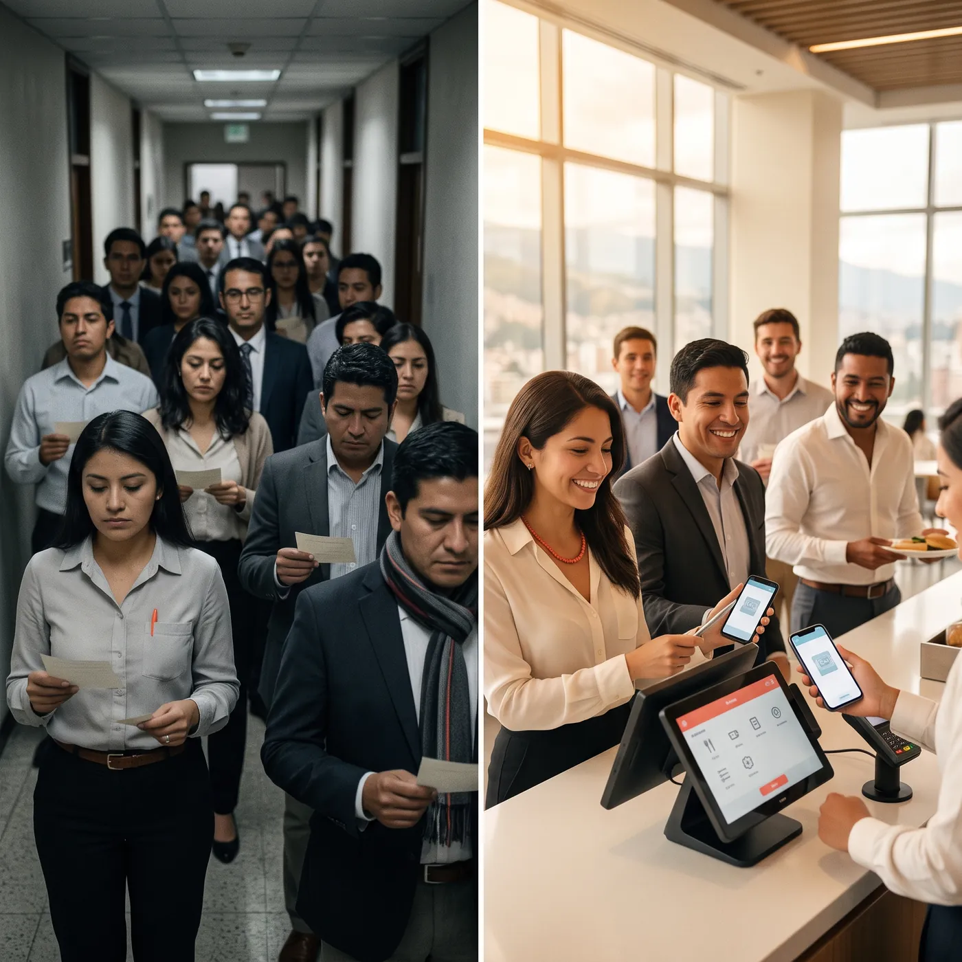 A la izquierda, una fila de empleados con vales de papel; a la derecha, los mismos empleados pagando con el celular en segundos