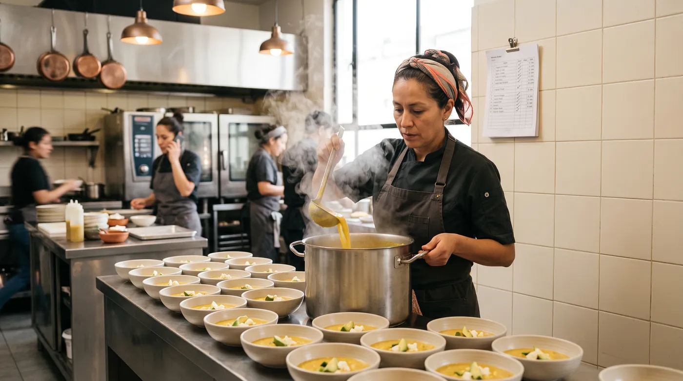 Cocina sirviendo porciones iguales de locro para las reservas del día