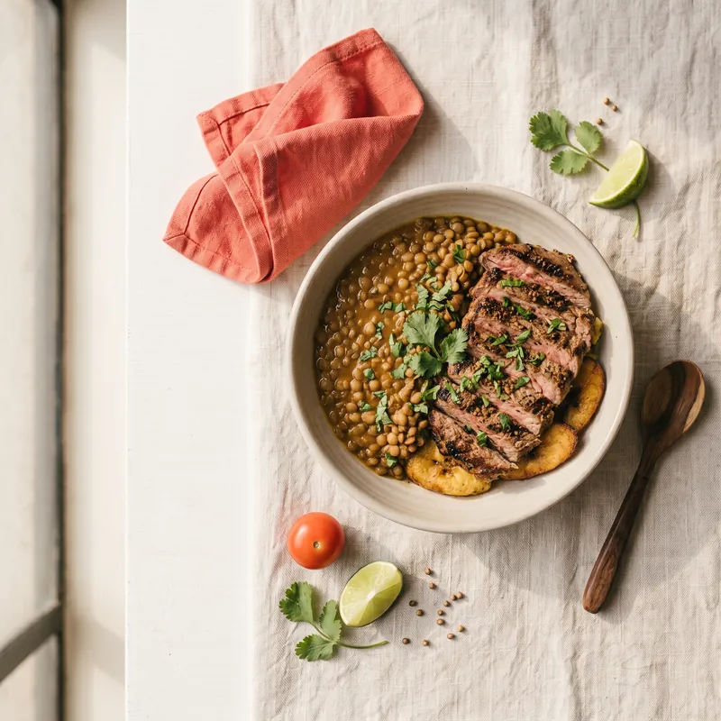 Menestra con carne asada